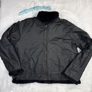 Men's Black Faux Leather Bomber Jacket with Fur Lining
